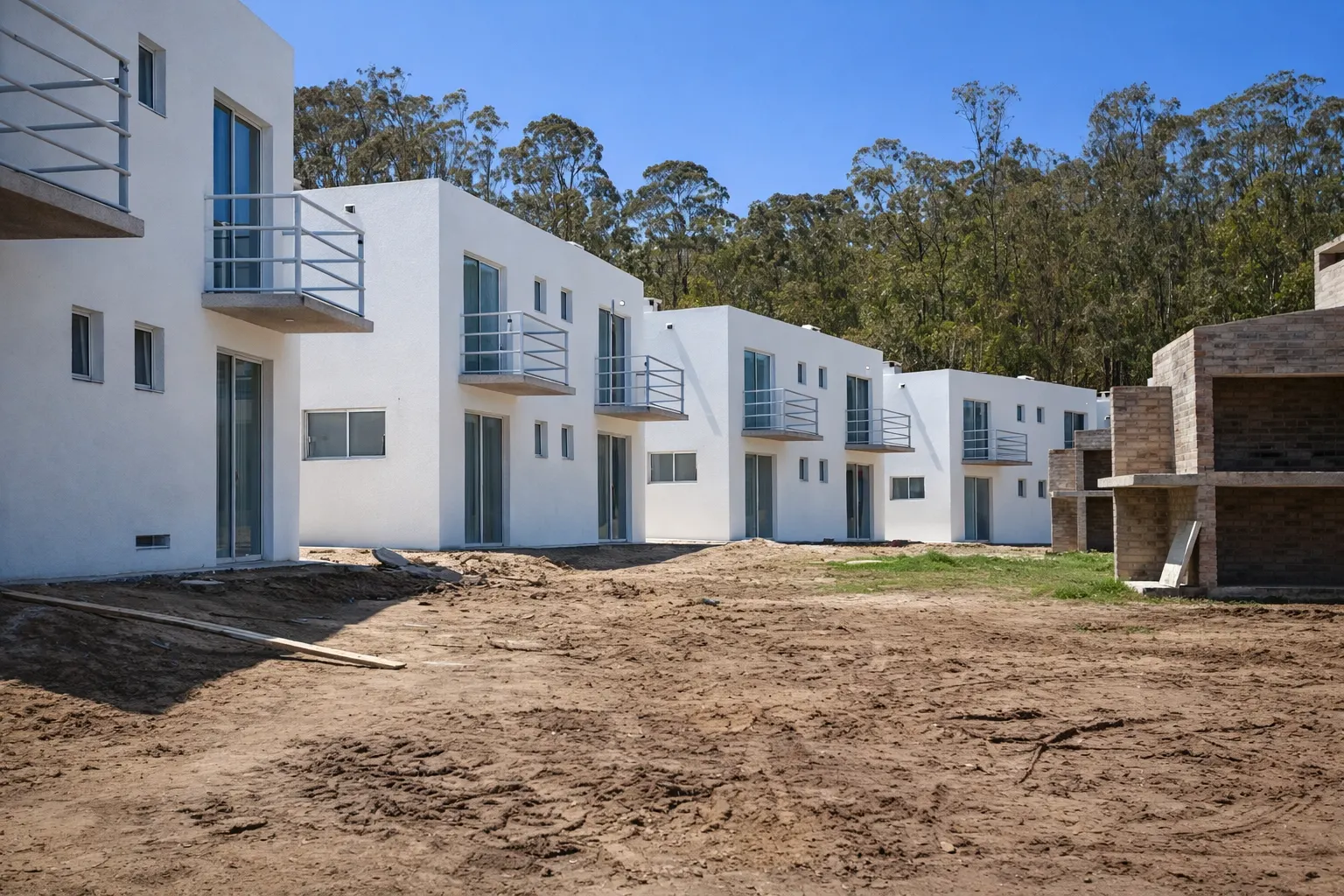 Panorámica del conjunto de dúplex blancos en obra avanzada, con balcones metálicos y circulaciones exteriores.