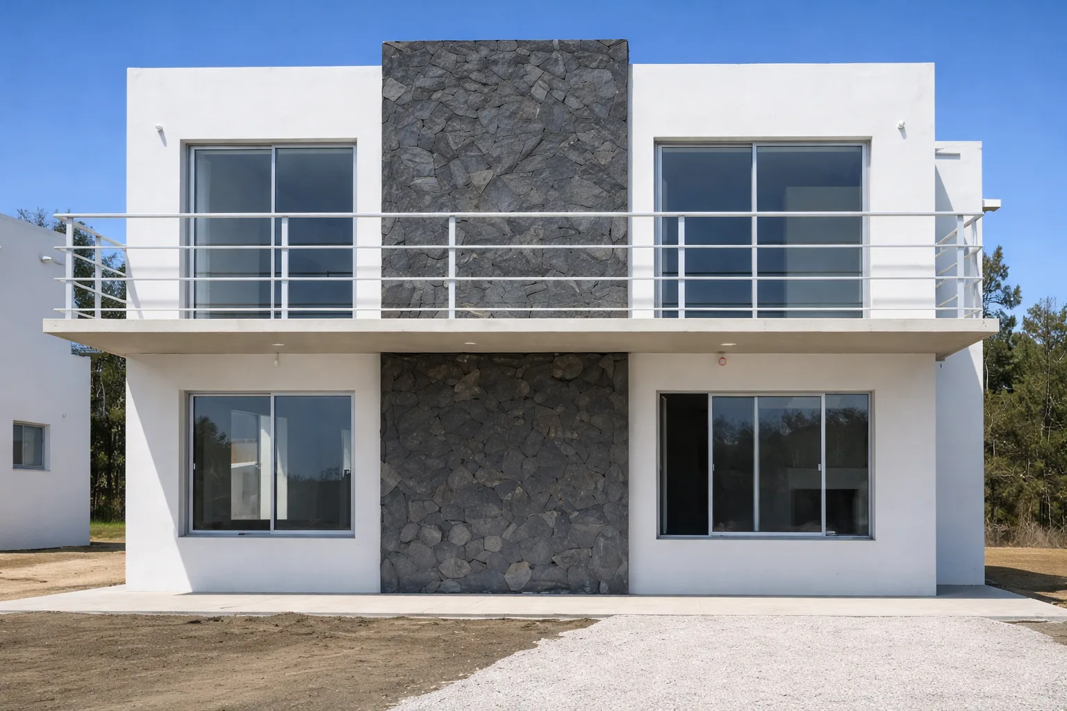 Frente de unidad terminada con fachada blanca, paño central revestido en piedra y balcón corrido en planta alta.