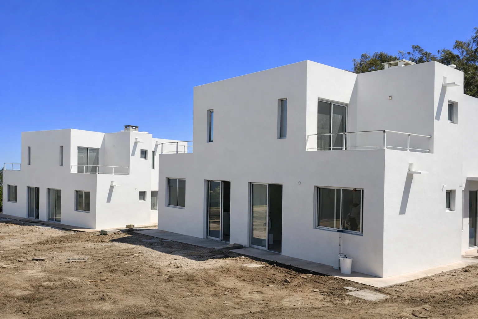 Perspectiva posterior de varias unidades con terrazas, grandes aberturas y patio en desarrollo.