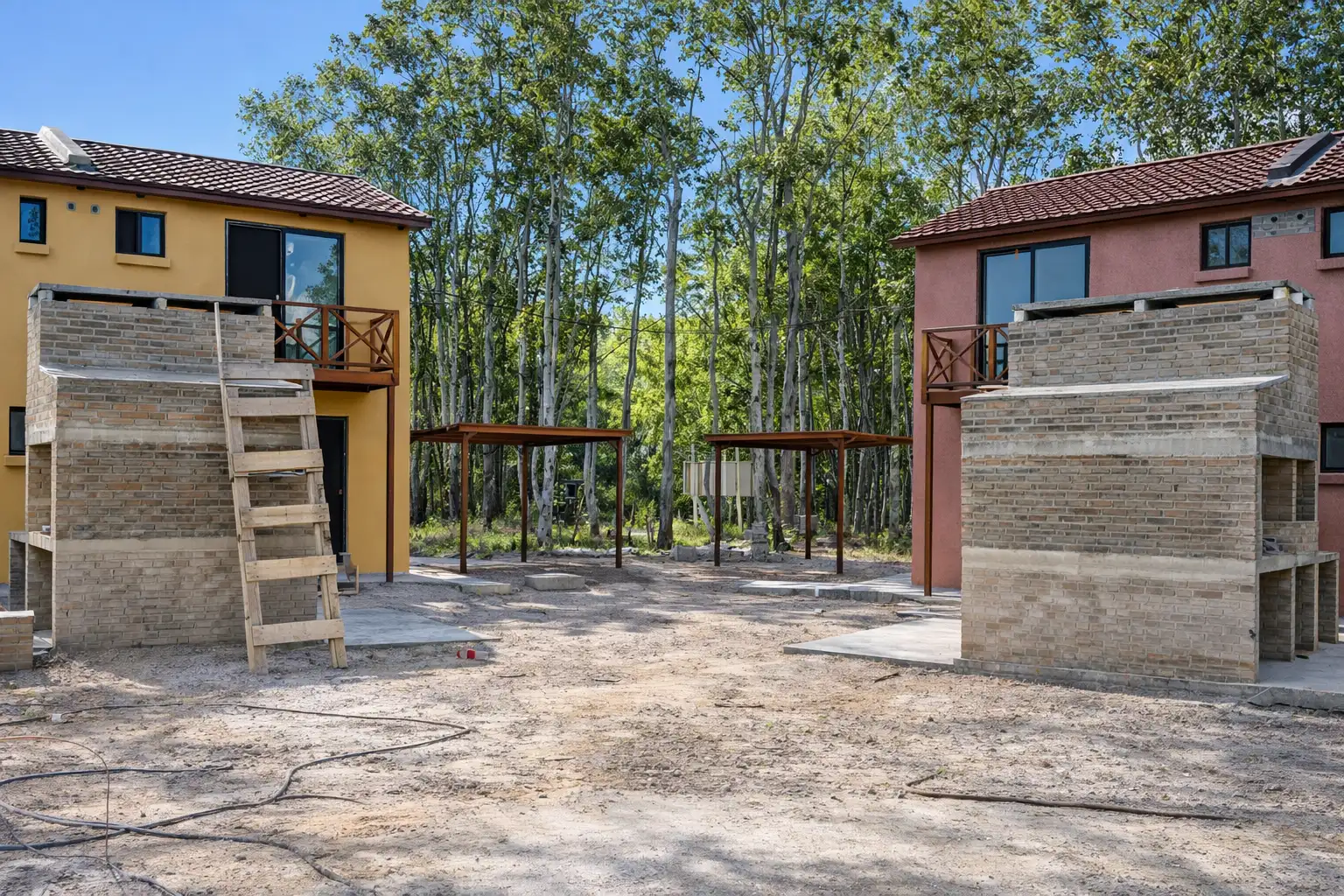 Sector central del complejo con parrilleros de ladrillo, pérgolas y viviendas enfrentadas entre árboles.