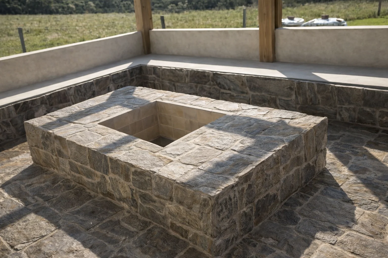 Fogón central revestido en piedra sobre una terraza abierta, pensado como punto de encuentro al aire libre.