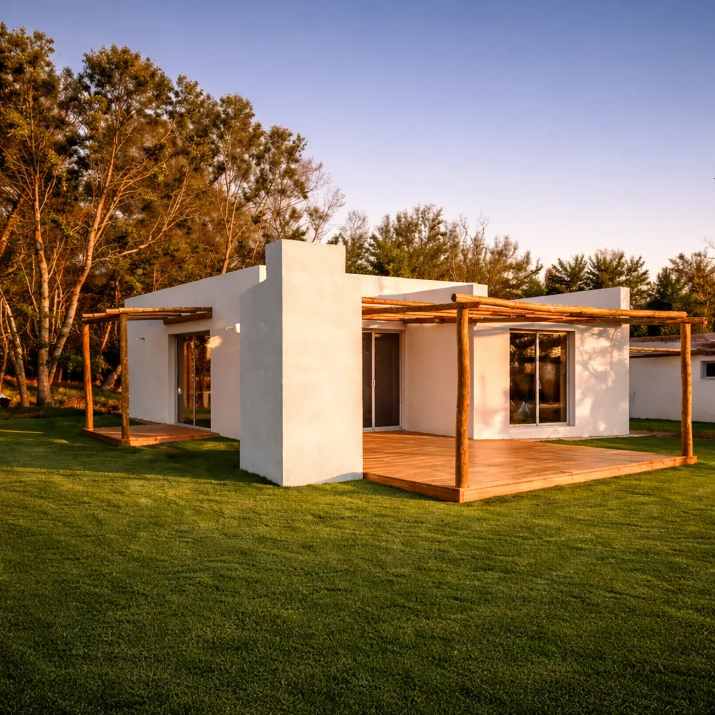 Casa blanca de una planta en luz cálida, con deck perimetral y pérgolas de madera sobre césped cuidado.